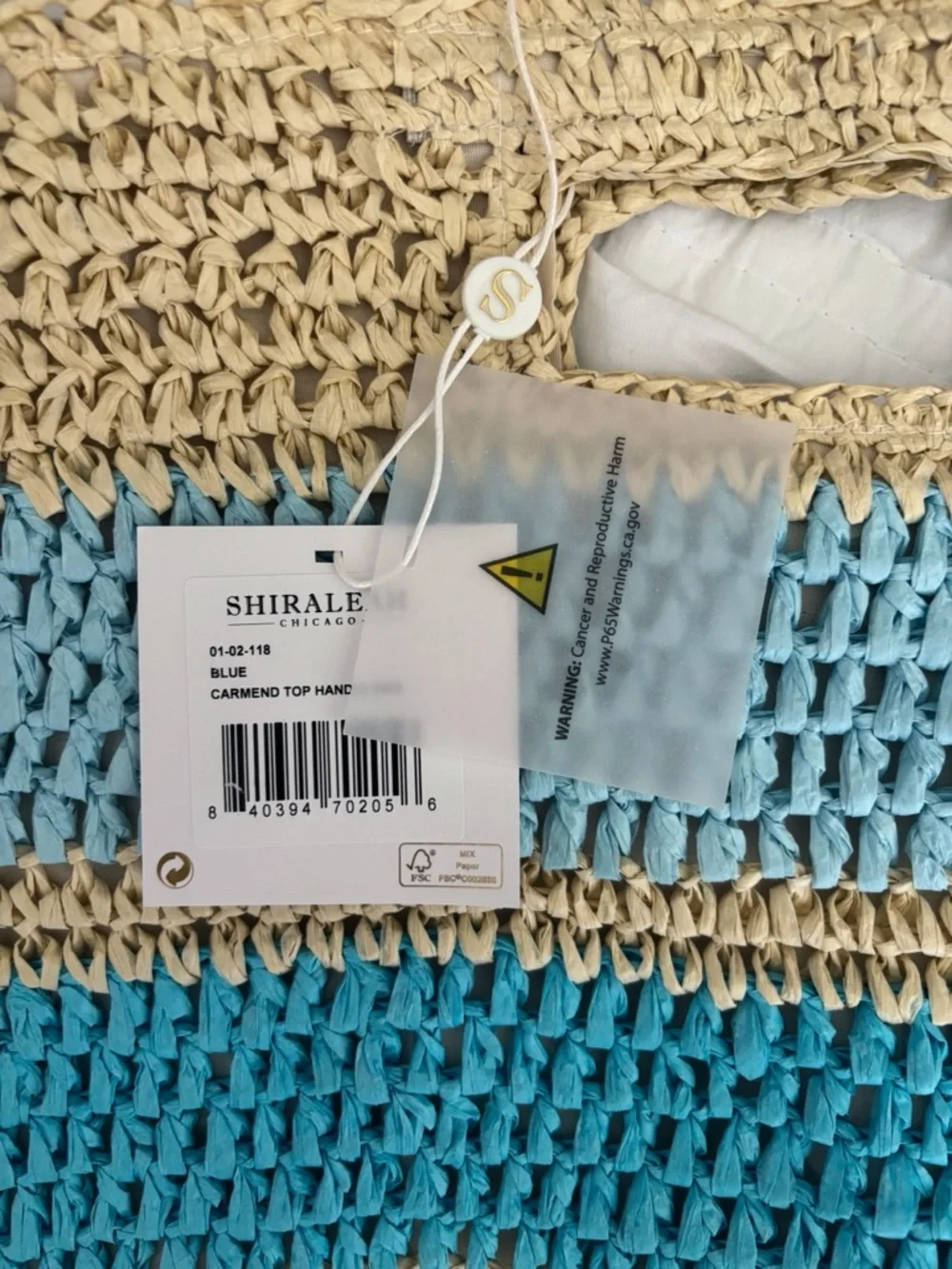 Shiraleah Carmend Blue Striped paper Straw Top Handle Bag 16 X 14 NEW NWT